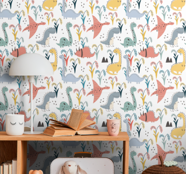 Papel de parede infantil de dinossauros e árvores - TenStickers