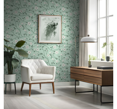 Papel de parede verde menta ramos floridos - TenStickers