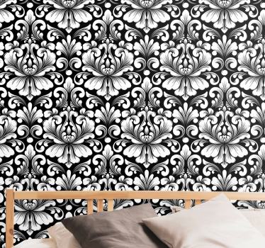 papel parede clássico Desenho de damasco preto e branco - TenStickers