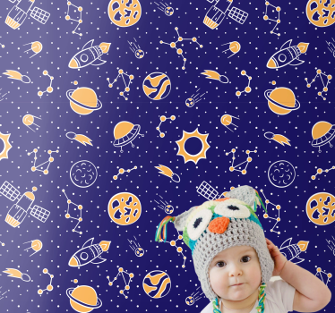 papel parede estrelas Espaço e foguetes versão infantil azul escu - TenStickers