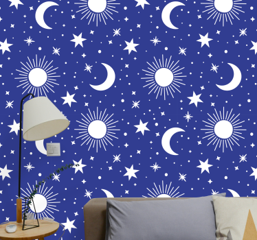 Papel parede estrelas Estrelas brancas e luas fundo azul - TenStickers