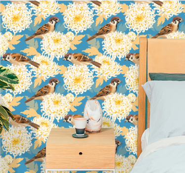 Papel parede natureza Padrão de pássaros e folhas aquarelas - TenStickers