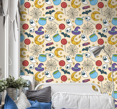 sala com papel de parede Símbolos ornamentais de halloween - TenStickers
